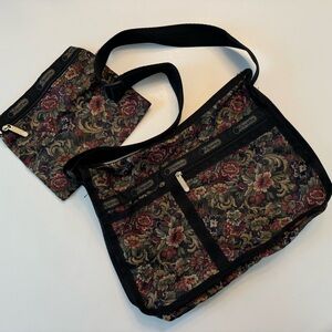 LeSportSac Nylon Bag Purse with Pouch Floral Black Vintage USA Grannycore VTG